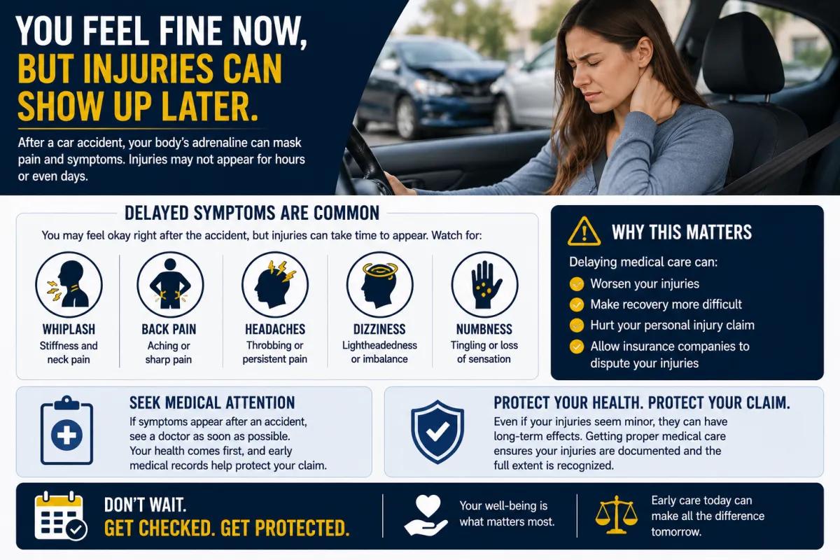 Delayed car accident injury infographic explaining common symptoms like whiplash, back pain, and headaches that can appear days later.