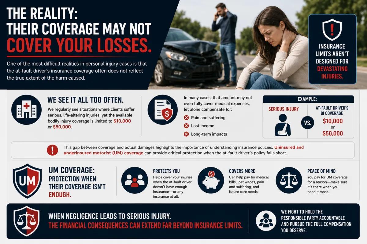 Insurance coverage limits infographic explaining how uninsured motorist coverage protects you when the at fault driver's policy falls short.