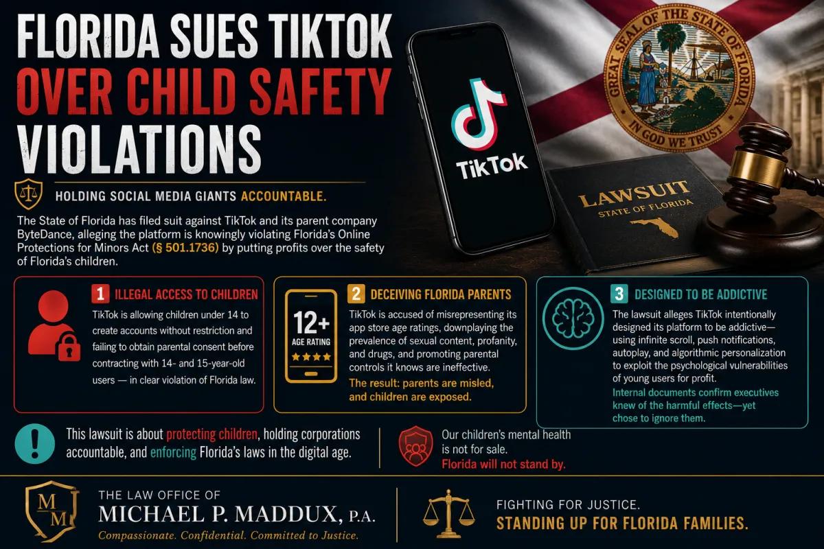 Florida lawsuit against TikTok infographic discussing allegations that the platform violated Florida's Online Protections for Minors Act by allowing underage users to create accounts, misleading parents about content exposure, and using addictive design features that may harm children.