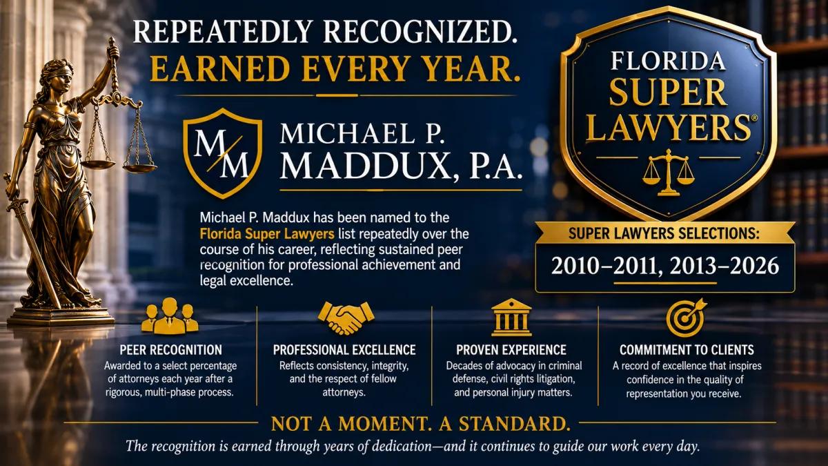 Florida Super Lawyers infographic recognizing Michael P. Maddux P.A. for peer recognition, professional excellence, and proven legal experience.