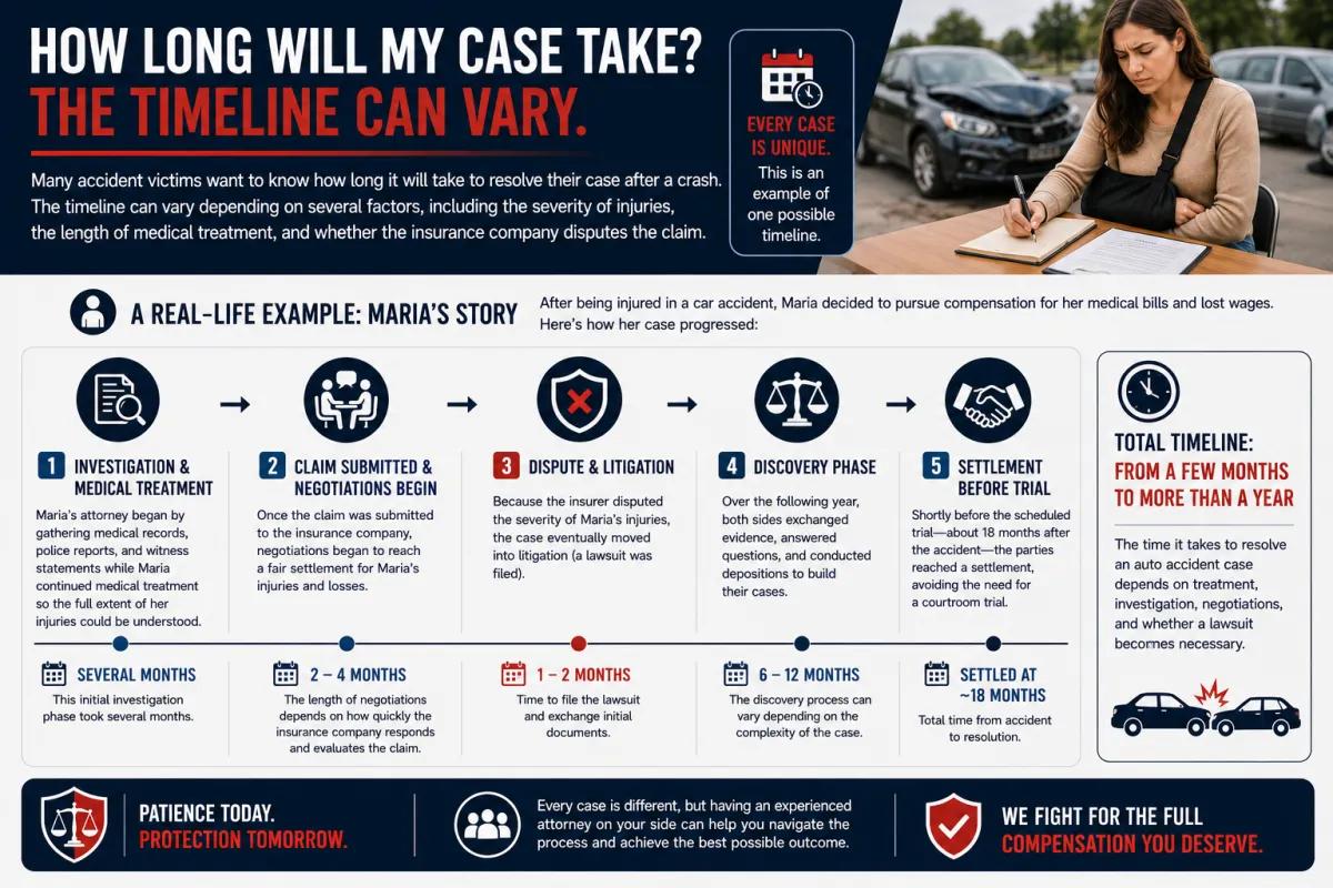 Personal injury case timeline infographic explaining the stages of an auto accident claim from investigation to settlement.