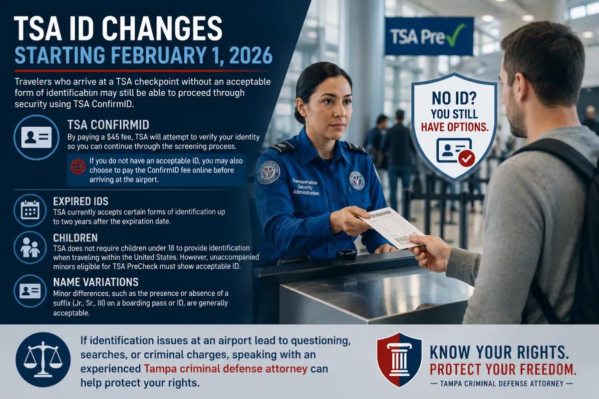 TSA ID changes infographic explaining the new ConfirmID process, expired ID rules, and traveler options starting February 2026.