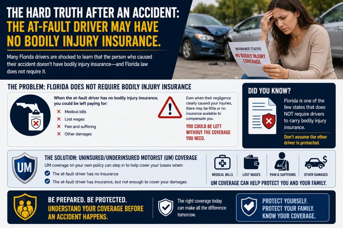 Florida bodily injury insurance infographic explaining why UM coverage protects you when the at fault driver has no liability insurance.