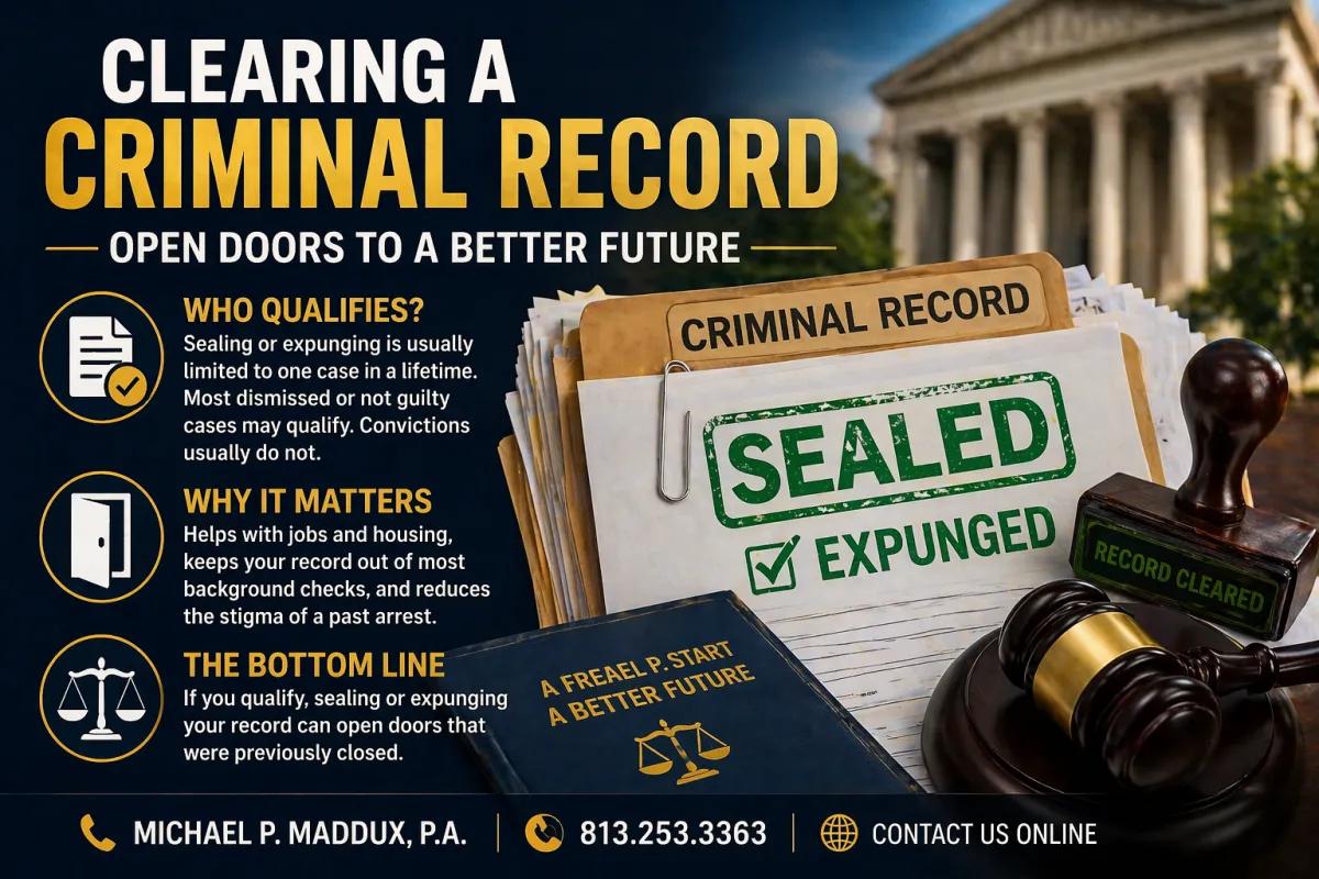 Sealed and expunged criminal record file with gavel and court documents representing record clearing in Florida