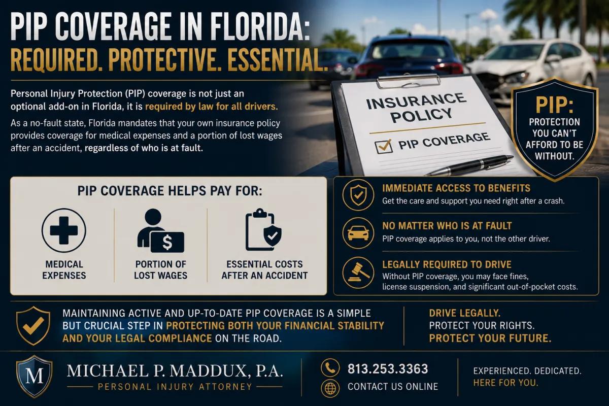 Professional infographic about Florida Personal Injury Protection (PIP) insurance coverage, featuring an insurance policy checklist, vehicles after an accident, and icons representing medical expenses, lost wages, and legal compliance for Florida drivers.