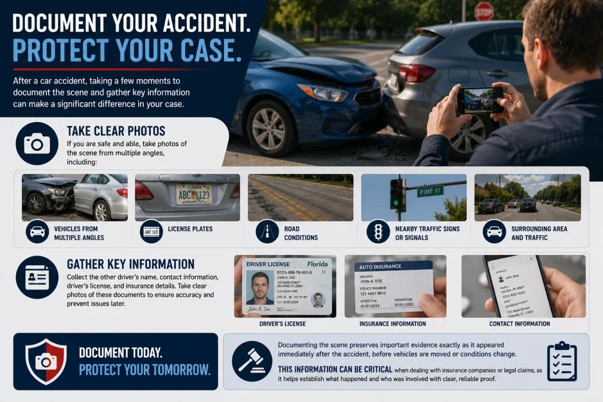 Car accident documentation infographic explaining how to take photos, gather information, and protect your personal injury claim.