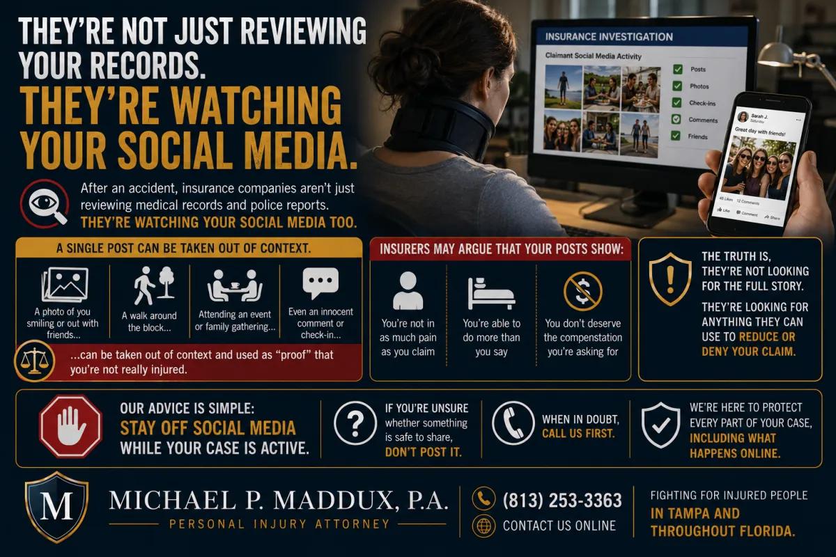 Landscape legal infographic warning accident victims that insurance companies monitor social media after crashes, featuring a person reviewing social media posts, an insurance investigation screen, and guidance about avoiding online posts that could be used to reduce or deny a personal injury claim.