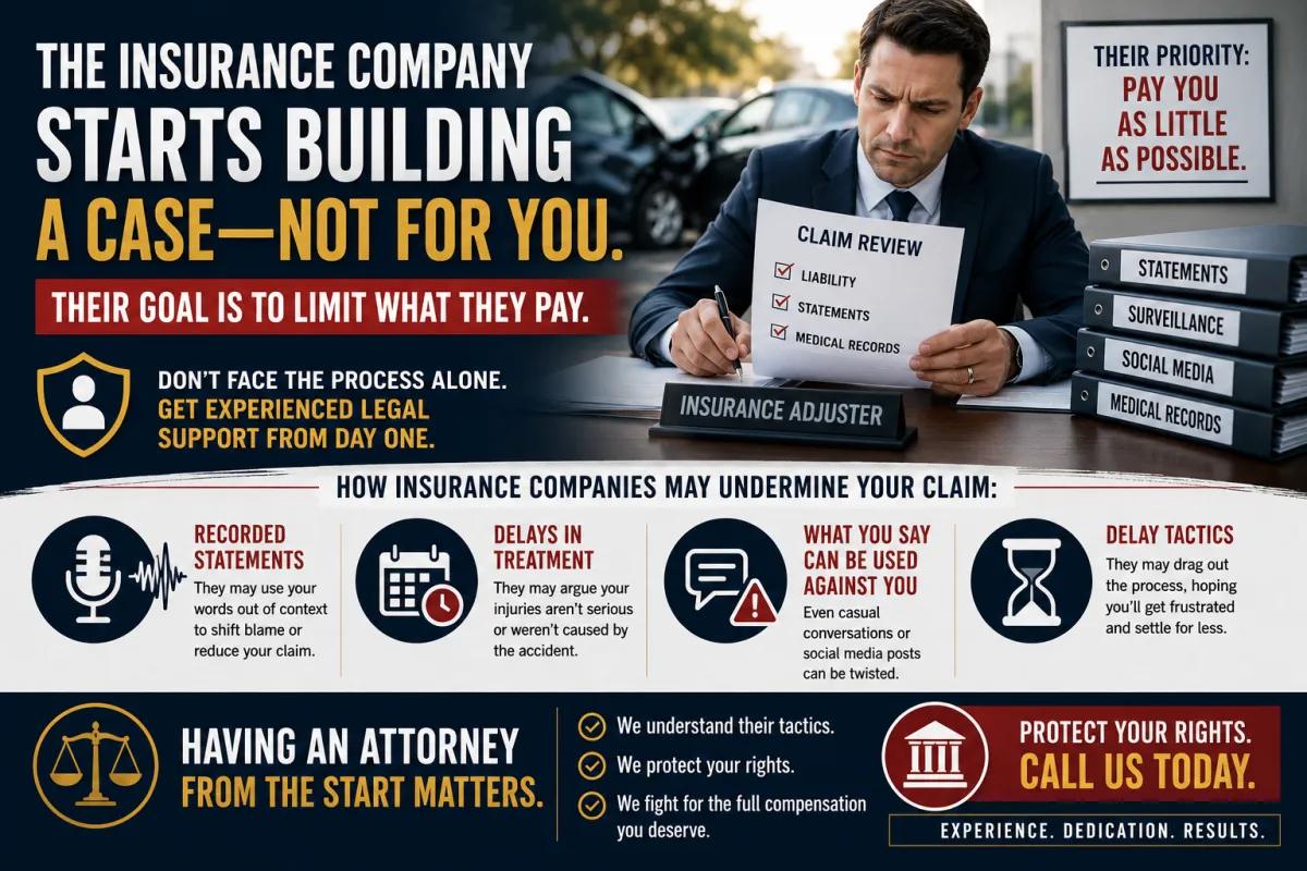 Landscape legal infographic warning accident victims that insurance companies begin building a defense immediately after a crash, featuring an insurance adjuster reviewing claim files, recorded statements, surveillance records, and medical documents, with sections explaining delay tactics, minimizing payouts, and the importance of hiring an attorney early to protect your rights and maximize compensation.