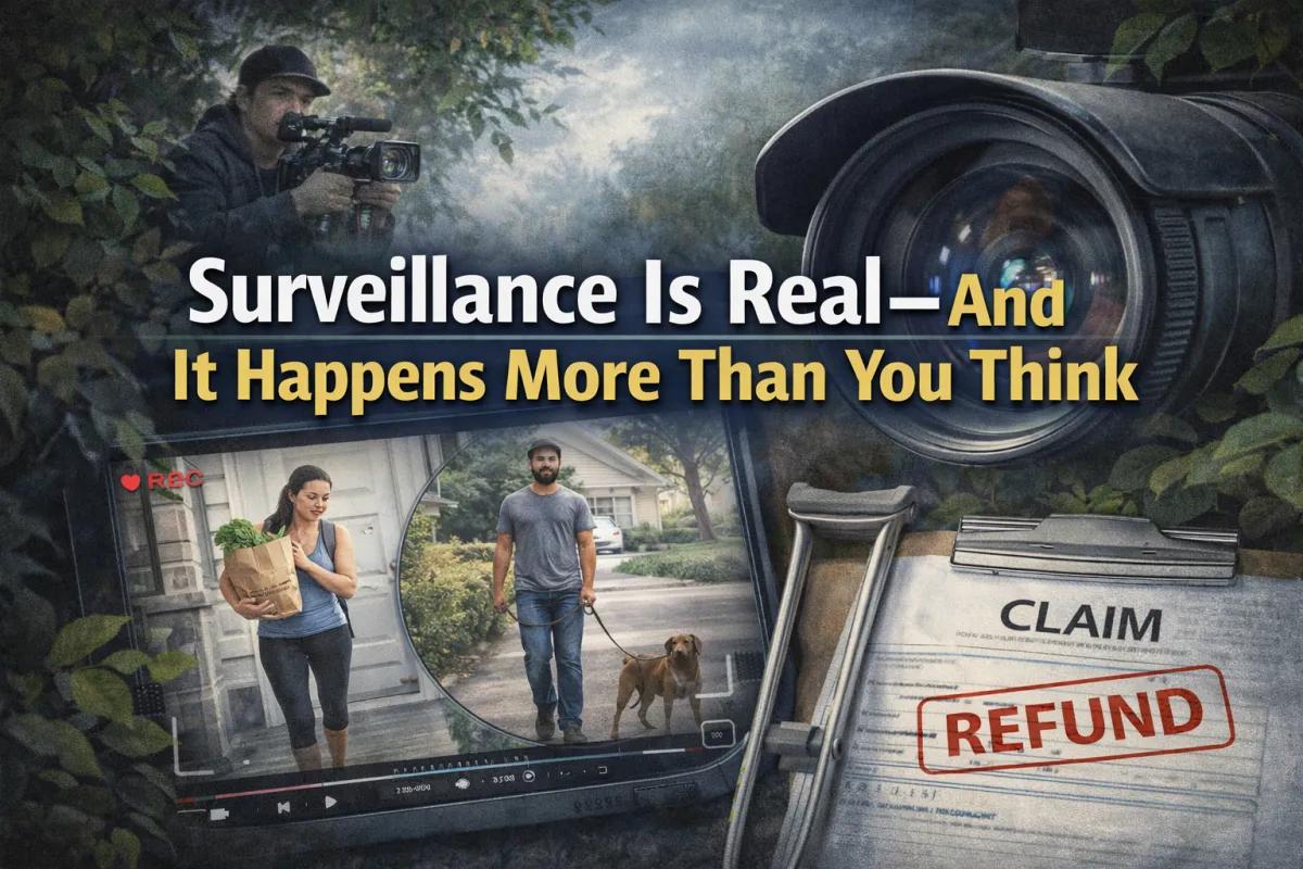 Personal injury surveillance infographic explaining how insurance companies use video footage and investigators to challenge accident claims.
