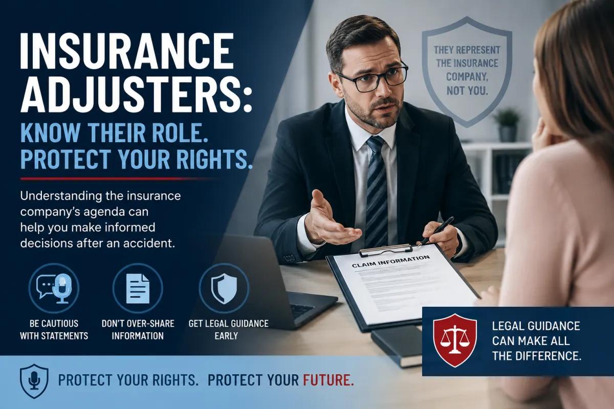 Insurance adjuster infographic explaining their role, how to protect your rights, and what to avoid when filing a personal injury claim.