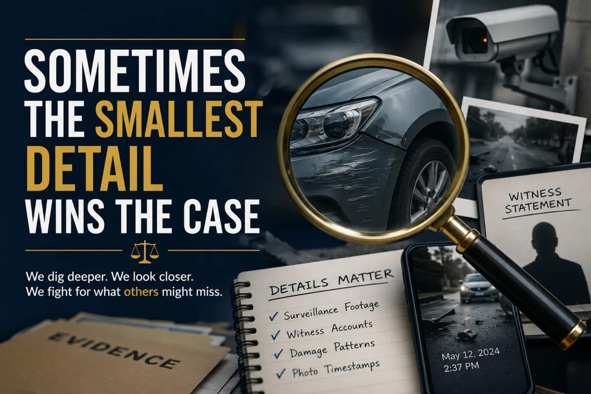 Personal injury lawyer investigation blog cover image featuring a magnifying glass over vehicle damage, surveillance camera footage, witness statements, accident scene photos, and evidence files. Legal marketing graphic about how small details, thorough investigations, and evidence collection can help win car accident and injury cases against insurance companies.