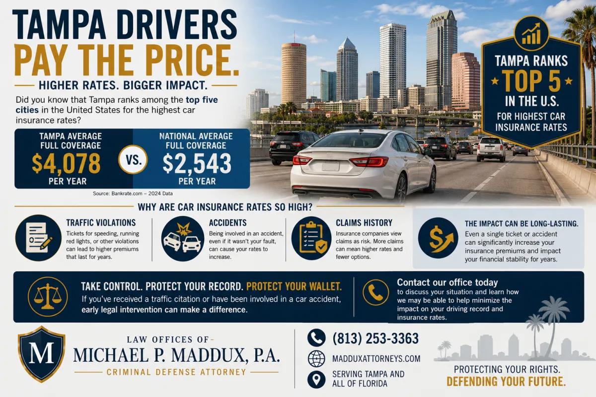 Landscape legal infographic about Tampa’s high car insurance rates, featuring Tampa skyline traffic imagery, comparison graphics showing Tampa versus national insurance averages, and sections explaining how traffic violations, accidents, and claims history can increase insurance premiums and affect financial stability.