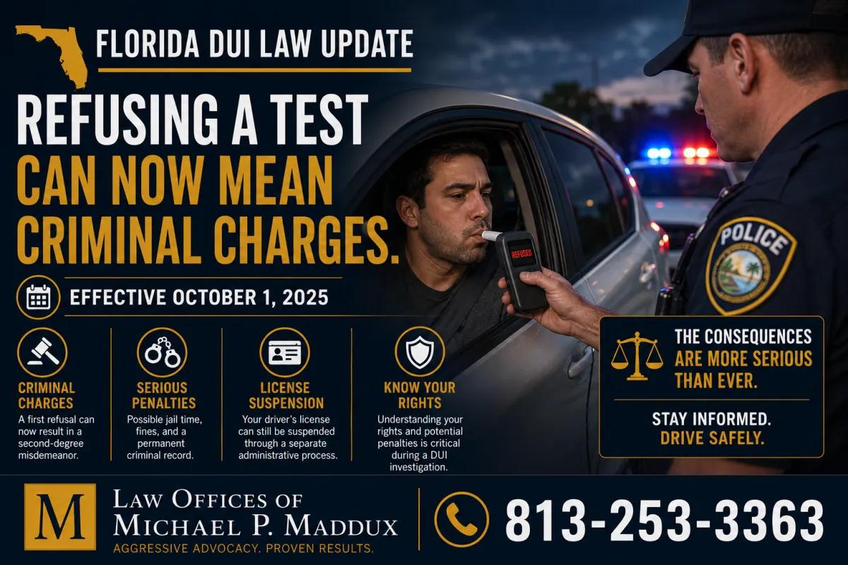 Florida DUI law infographic explaining how refusing a breath or chemical test can now result in criminal charges as of October 2025.