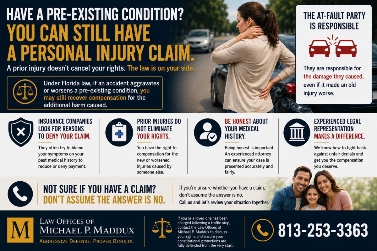 Florida personal injury infographic explaining how pre-existing conditions do not prevent accident victims from recovering compensation.