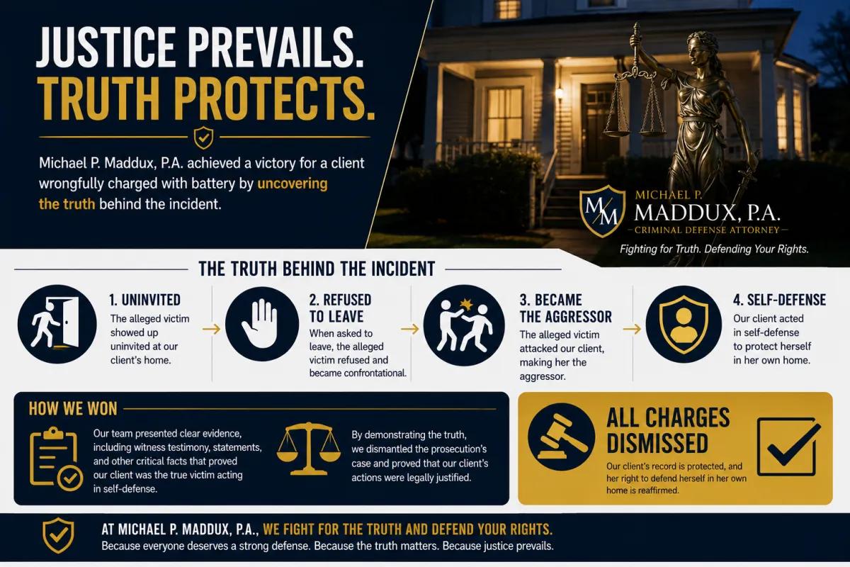 Self defense battery case infographic explaining how Michael P. Maddux P.A. secured a full dismissal of wrongful battery charges.