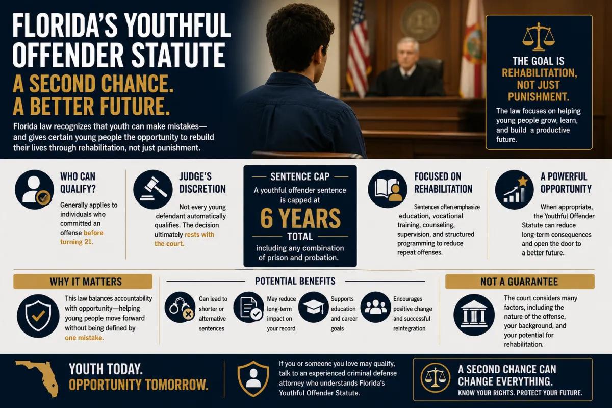 Florida Youthful Offender Statute infographic explaining eligibility, the 6 year sentence cap, and rehabilitation focused sentencing for young defendants.