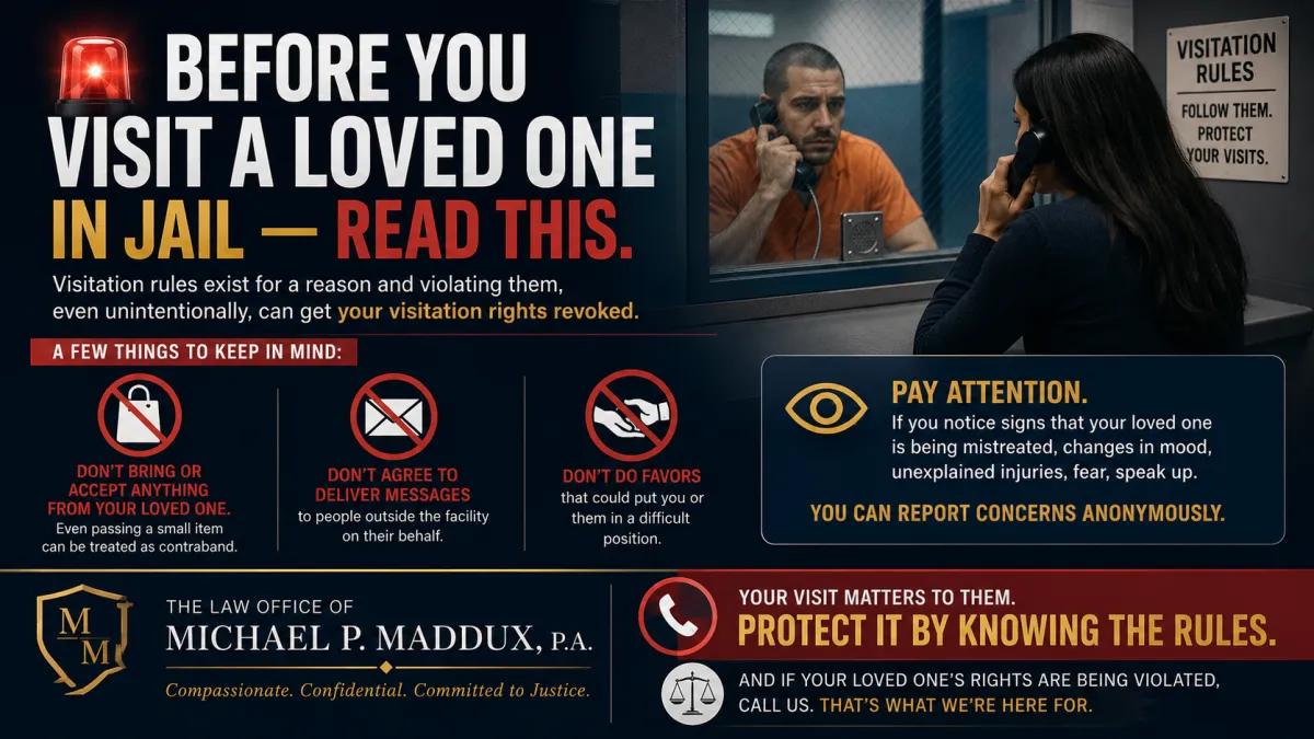 Jail visitation rules infographic explaining what family members and loved ones should know before visiting someone in jail, including prohibited actions, contraband warnings, reporting inmate mistreatment, and protecting visitation rights.