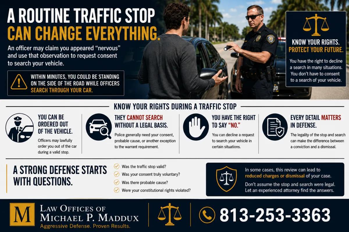 Florida traffic stop rights infographic explaining vehicle search consent, probable cause, and how to protect your constitutional rights.