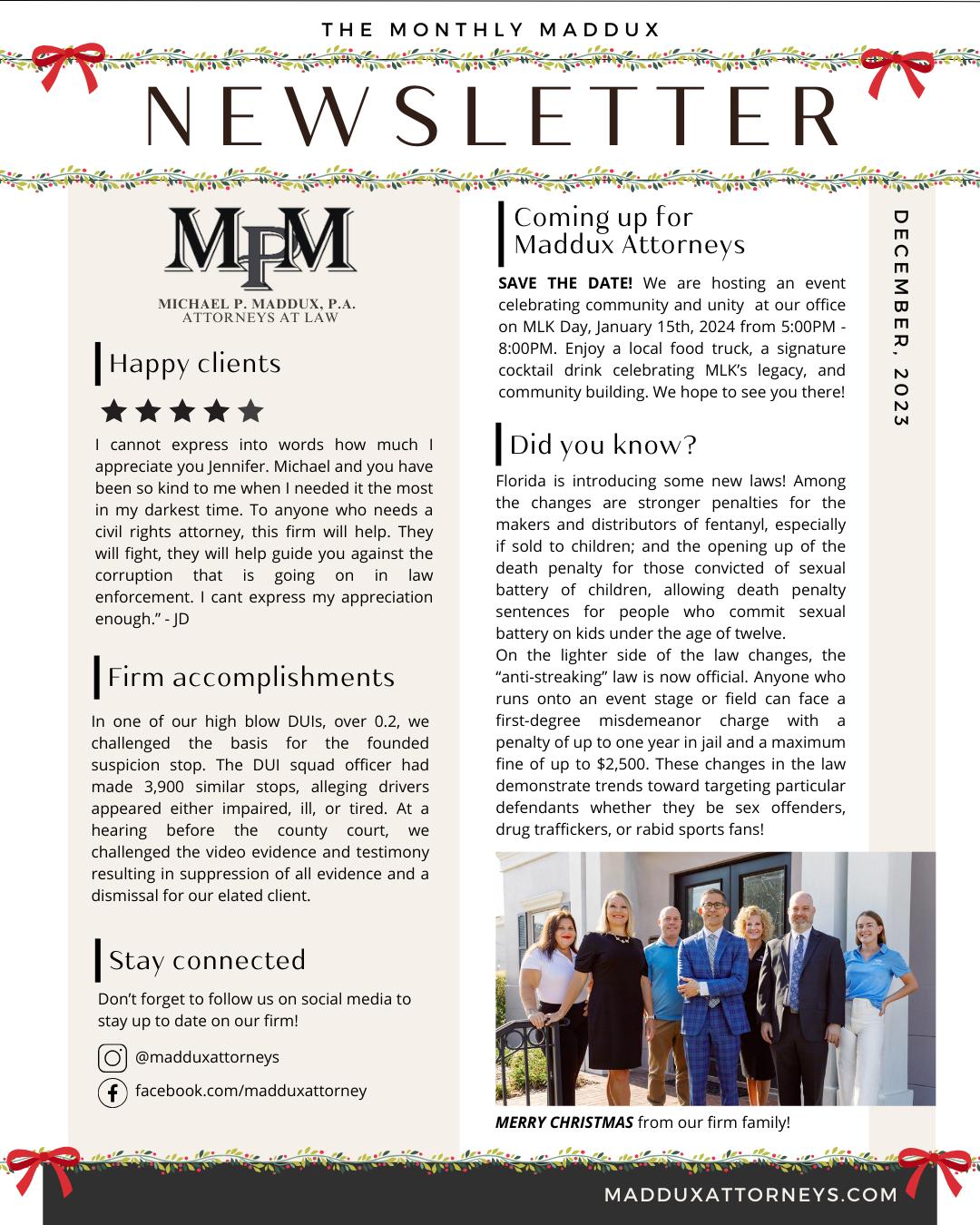 Monthly Maddux Newsletter highlighting a holiday winter clothing and blanket drive supporting the Lotus Coalition