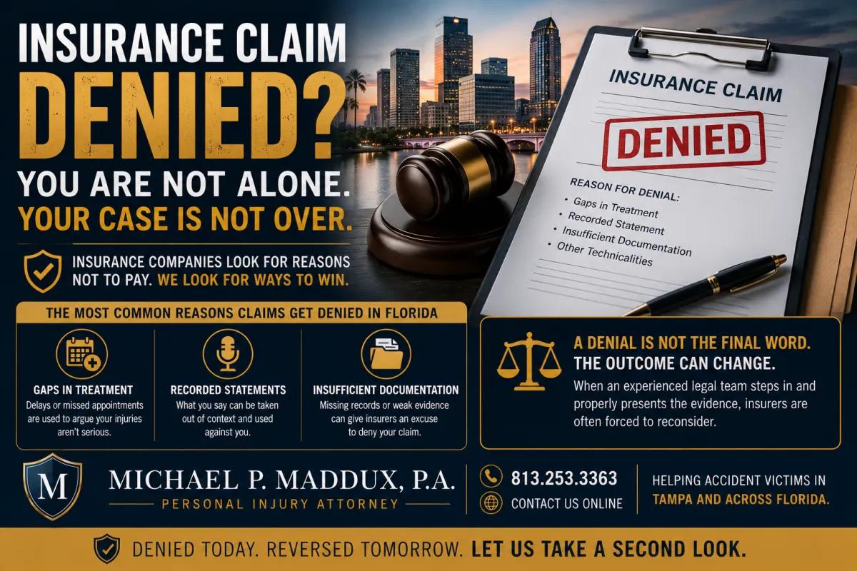 Landscape legal infographic about denied insurance claims in Florida, featuring a denied insurance claim form, judge’s gavel, and Tampa skyline imagery, with sections explaining common denial reasons such as treatment gaps, recorded statements, and insufficient documentation, while encouraging accident victims to seek a second legal opinion.