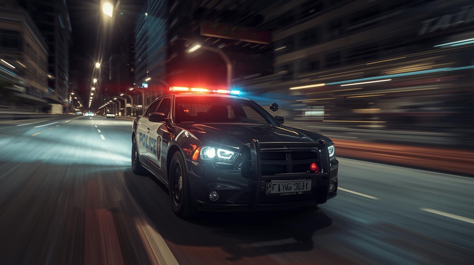 Police cruiser speeding through a city street at night with red and blue emergency lights flashing
