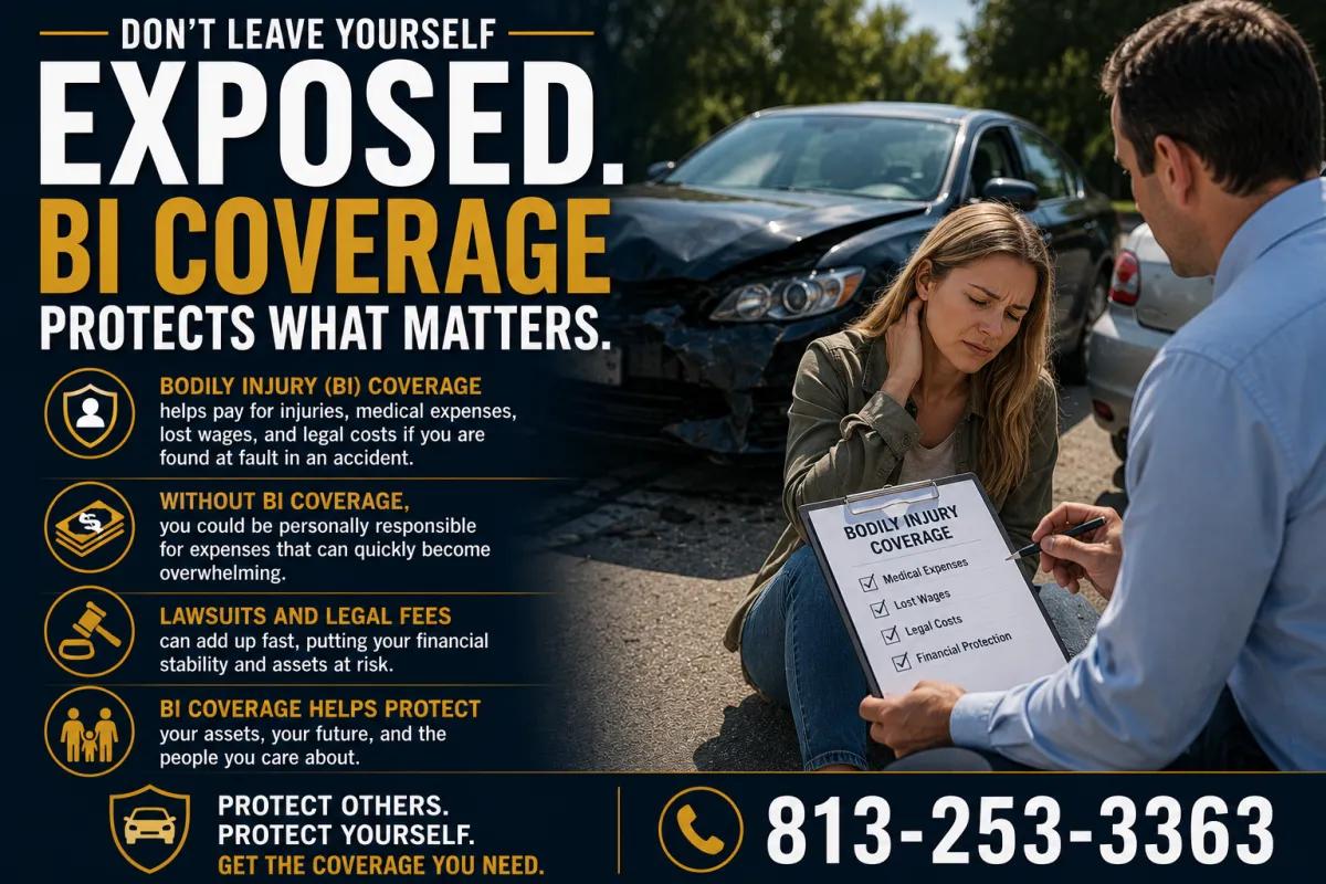 Bodily injury coverage infographic explaining how BI insurance protects your assets, medical costs, and legal expenses after an at fault accident.