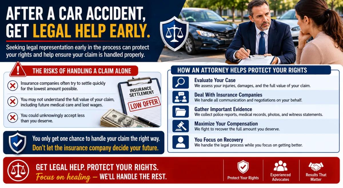 Car accident legal help infographic explaining why early attorney representation protects your rights and maximizes compensation.