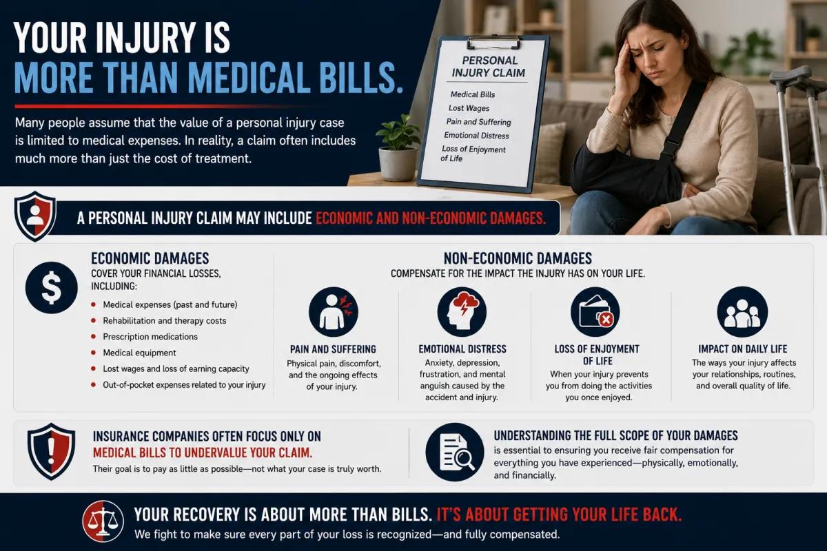 Personal injury damages infographic explaining economic and non economic compensation including medical bills, lost wages, and pain and suffering.