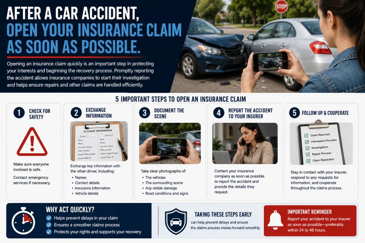 Insurance claim infographic explaining the 5 essential steps to open a car accident claim and protect your right to compensation.
