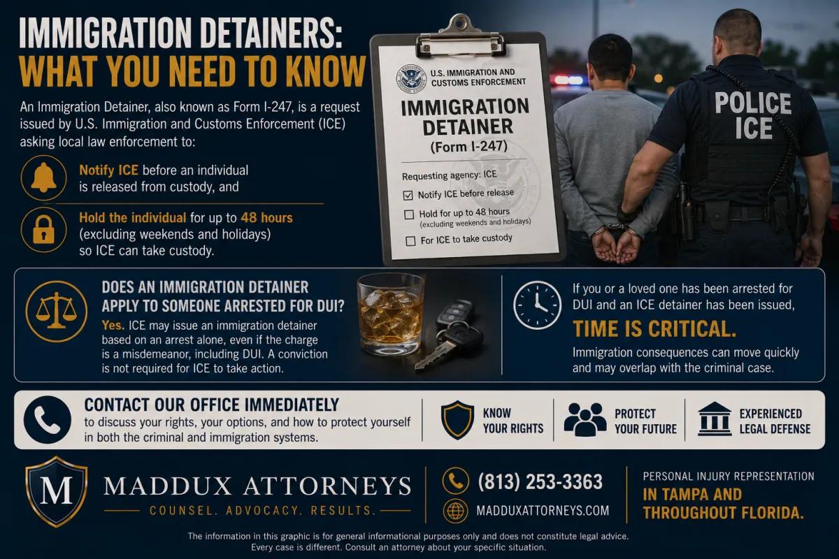 Landscape legal infographic explaining ICE immigration detainers and Form I-247, featuring an individual in custody beside an ICE officer, an immigration detainer document, and sections describing how ICE detainers apply after DUI arrests, 48-hour hold requests, and the importance of immediate legal representation in both criminal and immigration cases.