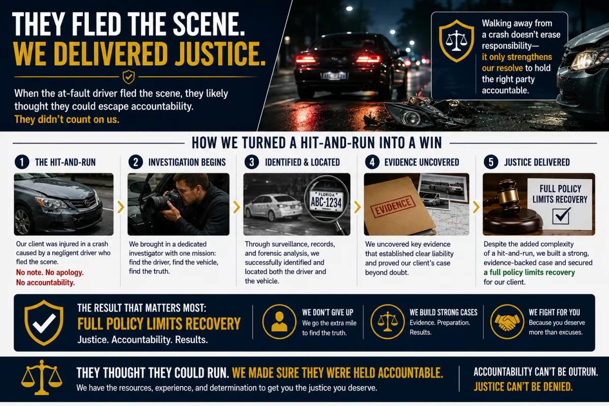 Hit and run case infographic explaining how investigation, evidence gathering, and legal strategy led to a full policy limits recovery.