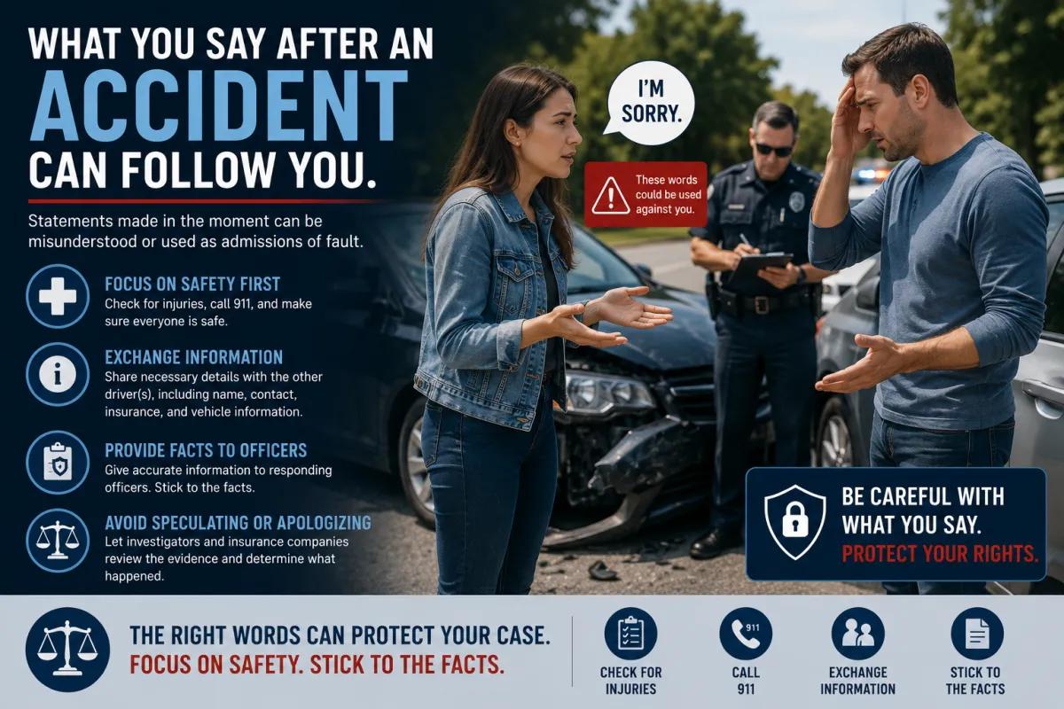 Car accident infographic explaining what to say and avoid saying at the scene to protect your personal injury claim.