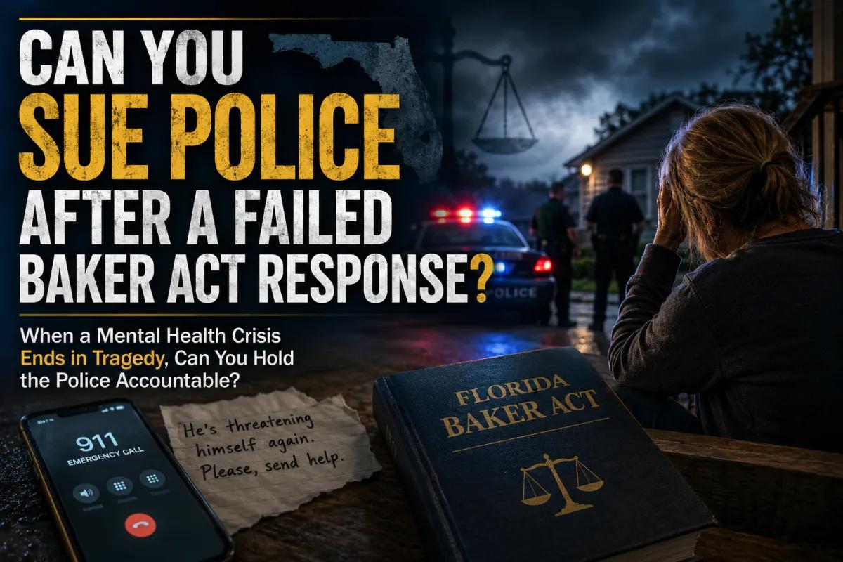Police officers respond to a mental health crisis outside a Florida home as a distressed family member watches, illustrating the legal issues surrounding failed Baker Act responses, sovereign immunity, and potential civil rights claims.
