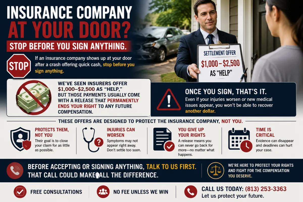 Landscape legal infographic warning accident victims about quick insurance settlement offers after a car crash, featuring an insurance adjuster at a front door holding a low cash settlement offer, with sections explaining release forms, loss of future compensation rights, worsening injuries, and the importance of speaking with a personal injury attorney before signing anything.
