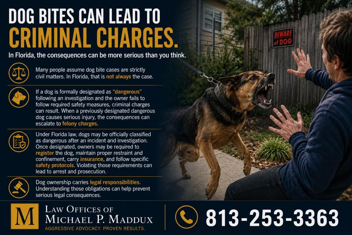 Florida dog bite law infographic explaining how dangerous dog designations and owner negligence can lead to criminal charges.