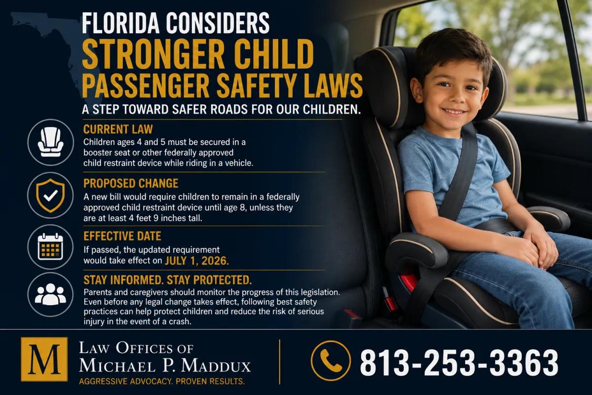 Florida child passenger safety law infographic explaining proposed booster seat and child restraint requirements for children up to age 8.