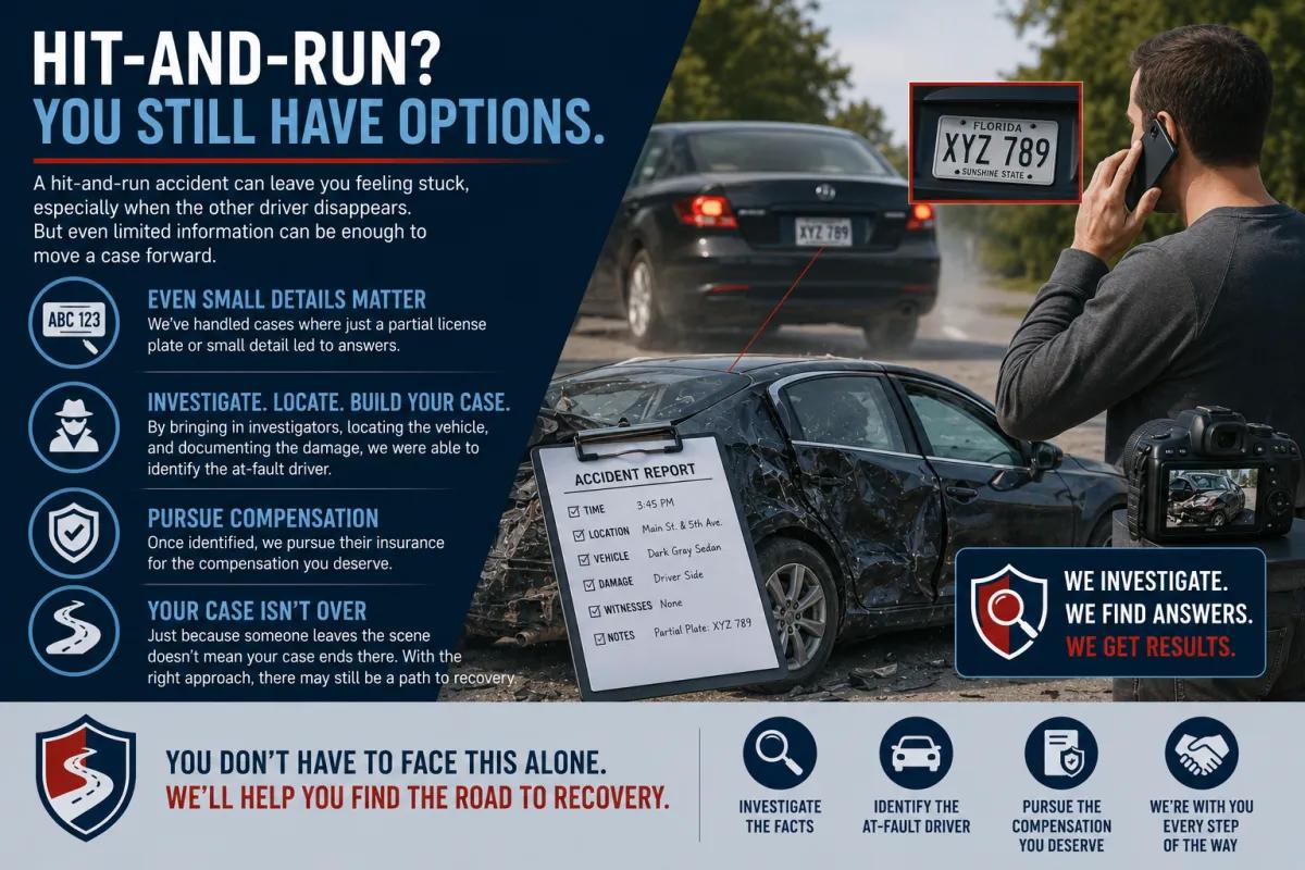 Hit and run accident infographic explaining how investigators identify at fault drivers and help victims pursue compensation.