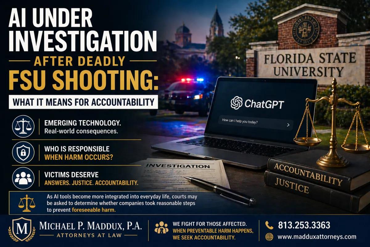 AI investigation with FSU campus, police lights, and legal scales representing accountability after shooting