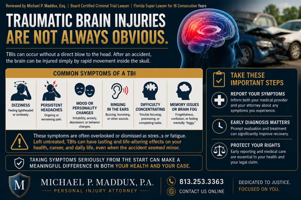 Educational legal infographic about traumatic brain injuries after accidents, featuring a highlighted brain scan, damaged vehicles, and symptoms including headaches, dizziness, memory issues, ringing in the ears, mood changes, and difficulty concentrating, with guidance on early diagnosis and protecting legal rights.