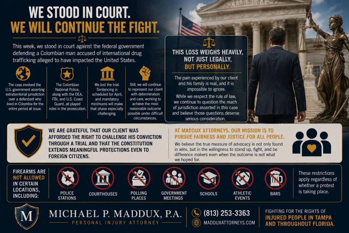 Landscape legal infographic about defending a Colombian man in a federal international drug trafficking case, featuring a courthouse, Lady Justice statue, and courtroom imagery, with messaging about constitutional rights, extraterritorial jurisdiction, federal prosecution, and continued advocacy despite a difficult trial outcome.