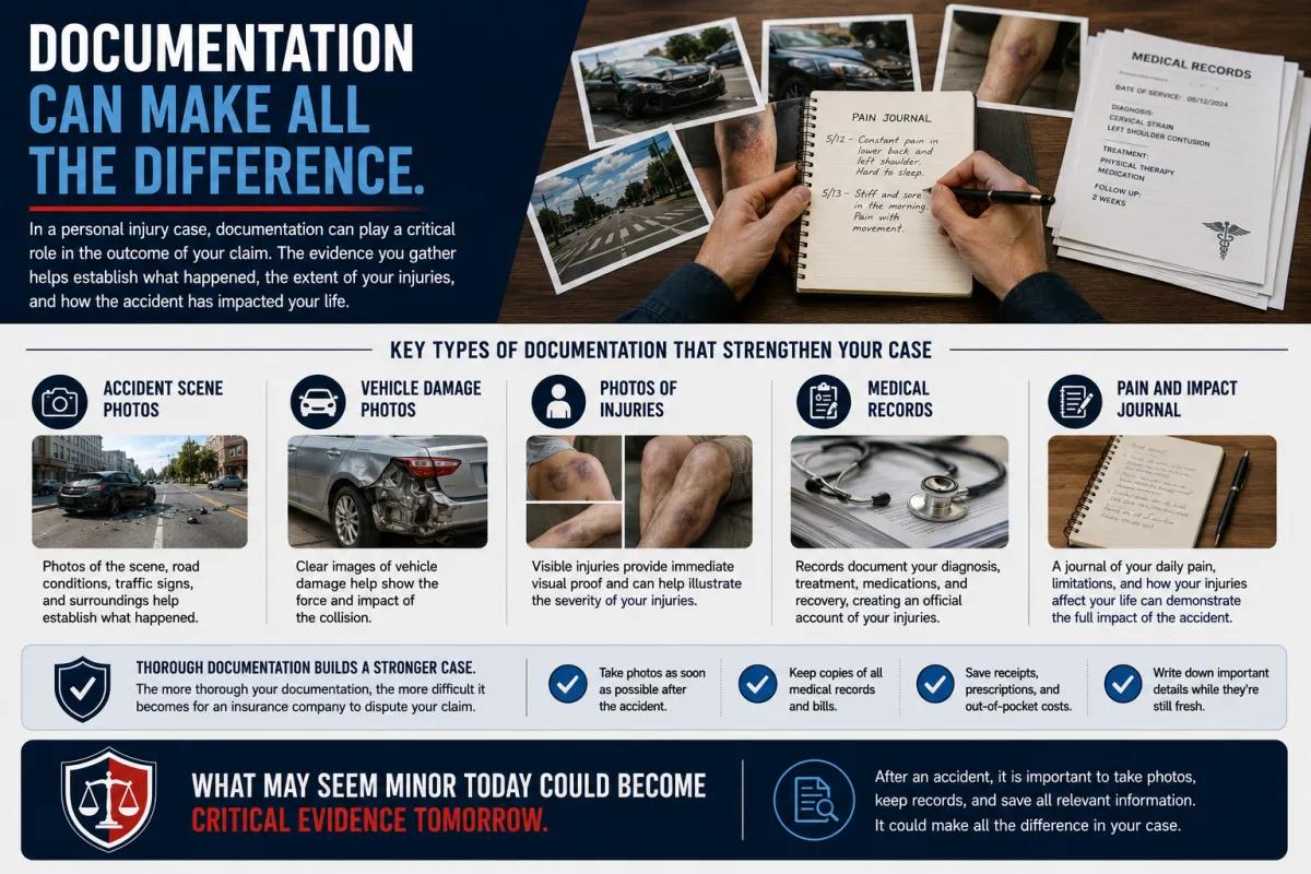 Personal injury documentation infographic explaining how photos, medical records, and pain journals strengthen your accident claim.