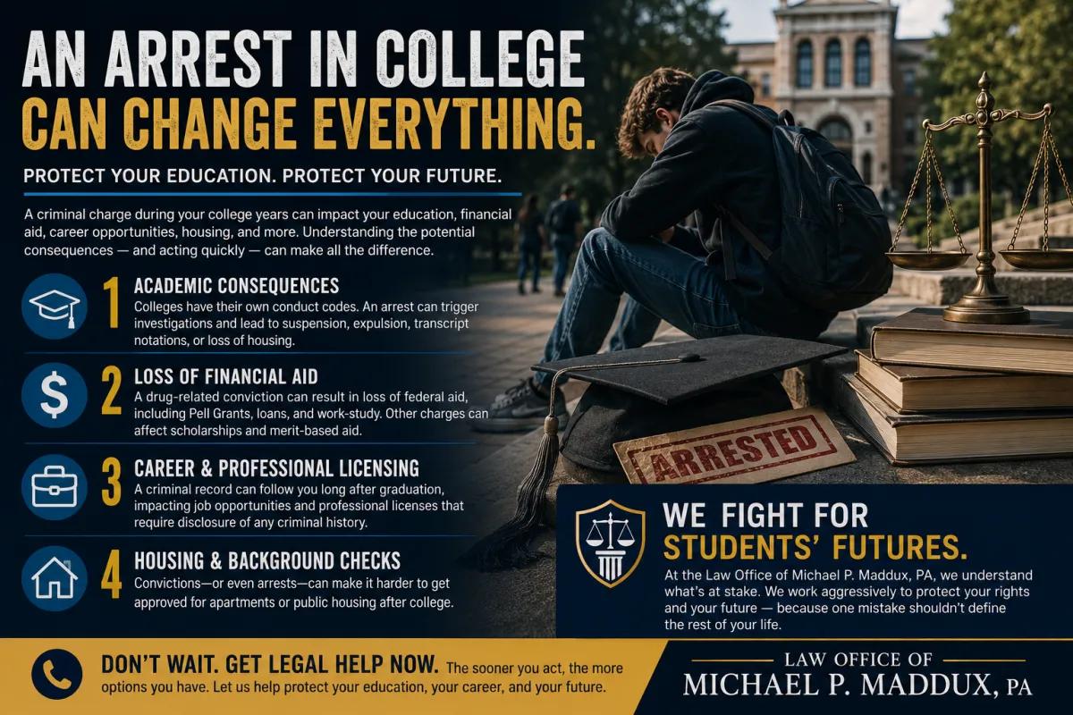 College student sitting on campus after an arrest, surrounded by legal and academic symbols, illustrating how criminal charges can affect education, financial aid, career opportunities, housing, and a student's future.