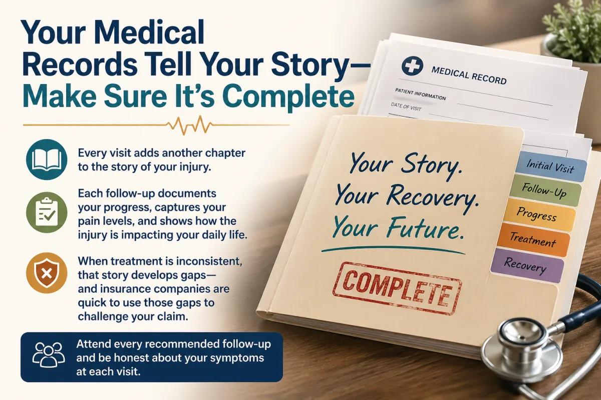 Infographic of organized medical records and patient file marked “complete,” highlighting the importance of consistent treatment, follow-up visits, and accurate documentation for personal injury claims and insurance cases.