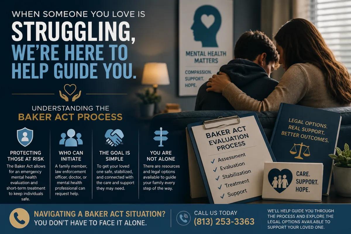Baker Act legal guidance blog cover image featuring a family supporting a loved one during a mental health crisis, alongside Baker Act evaluation documents and mental health support messaging. Professional law firm graphic explaining the Baker Act process, emergency mental health evaluations, short-term treatment, family legal options, and compassionate support for individuals facing mental health emergencies in Florida.