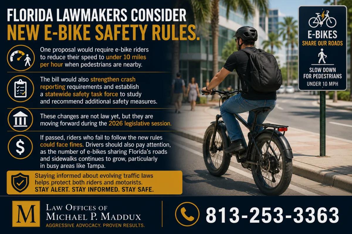 Florida e-bike safety law infographic explaining proposed speed limits, crash reporting rules, and new regulations for e-bike riders.