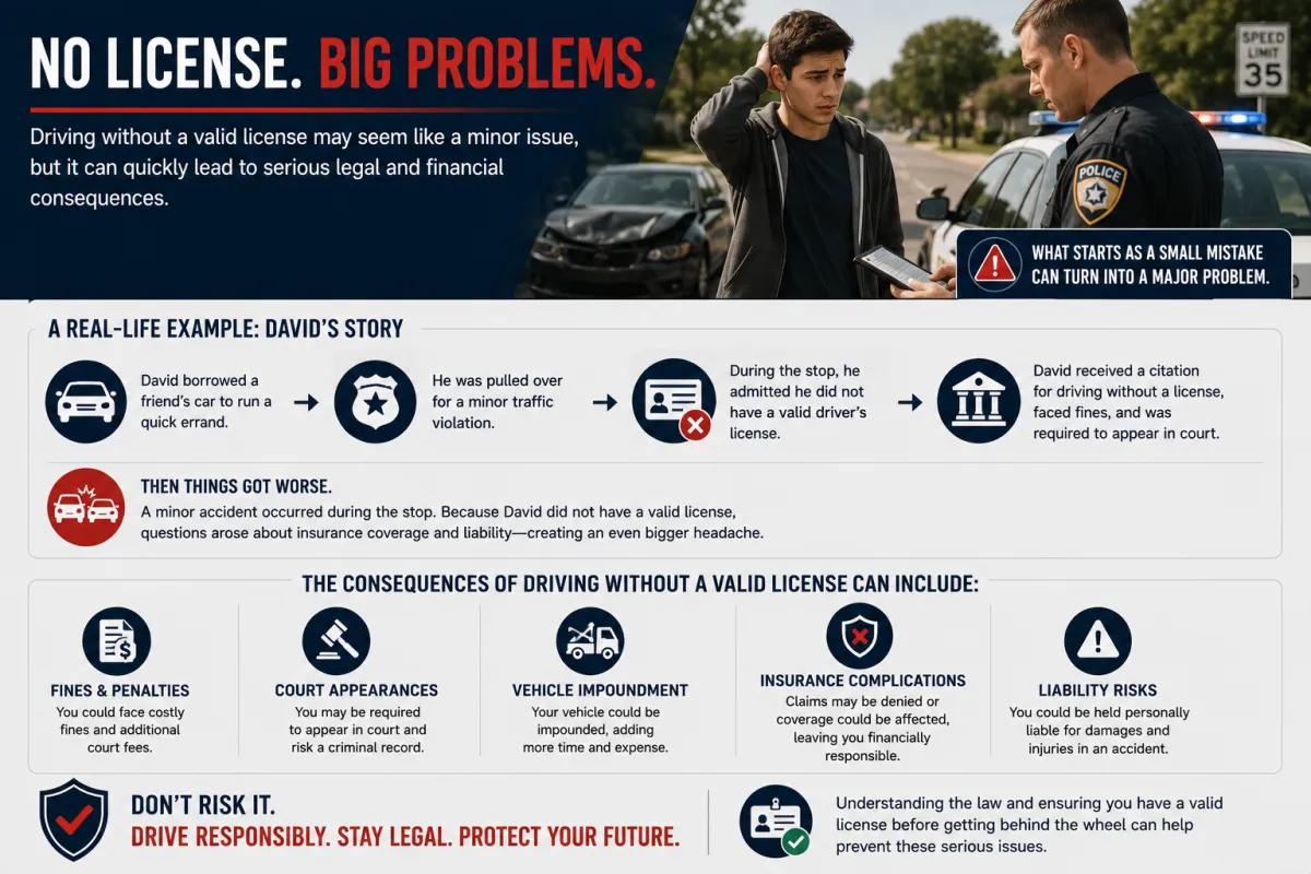 Driving without a license infographic explaining the legal, financial, and insurance consequences of operating a vehicle without a valid license.