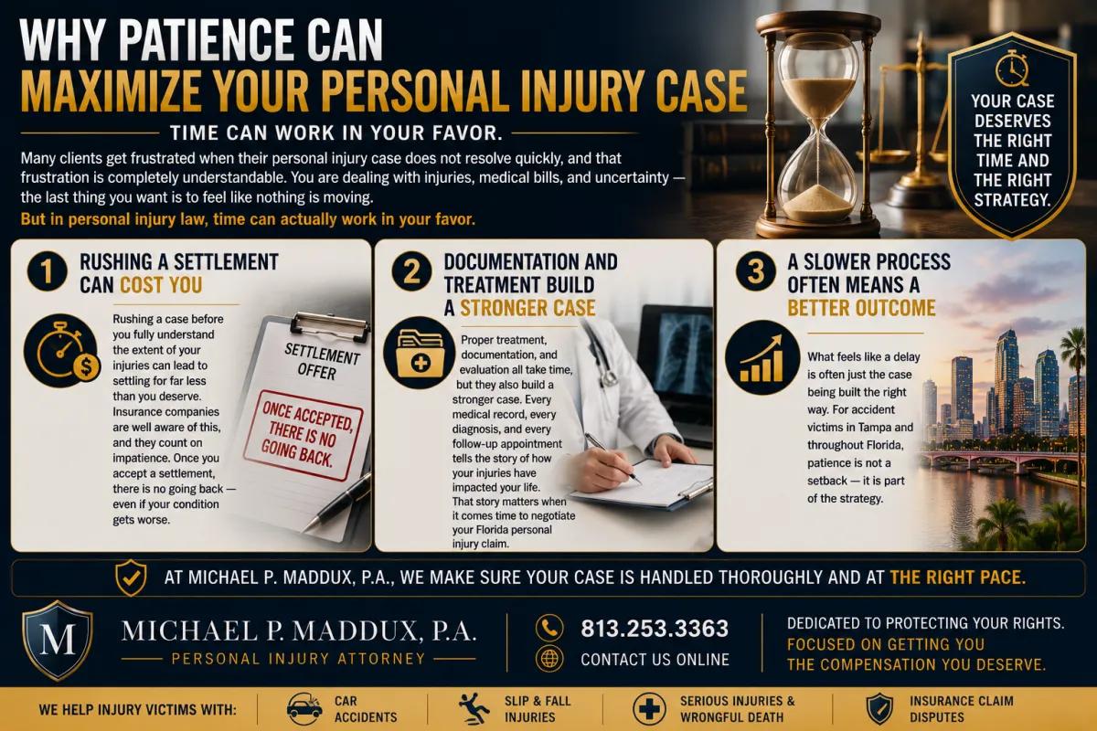 Landscape legal infographic about denied insurance claims in Florida, featuring a document stamped ‘Not Covered,’ Tampa skyline imagery, and sections explaining uninsured motorist coverage, multiple insurance policies, layered coverage options, and the importance of getting a second legal opinion after a claim denial.