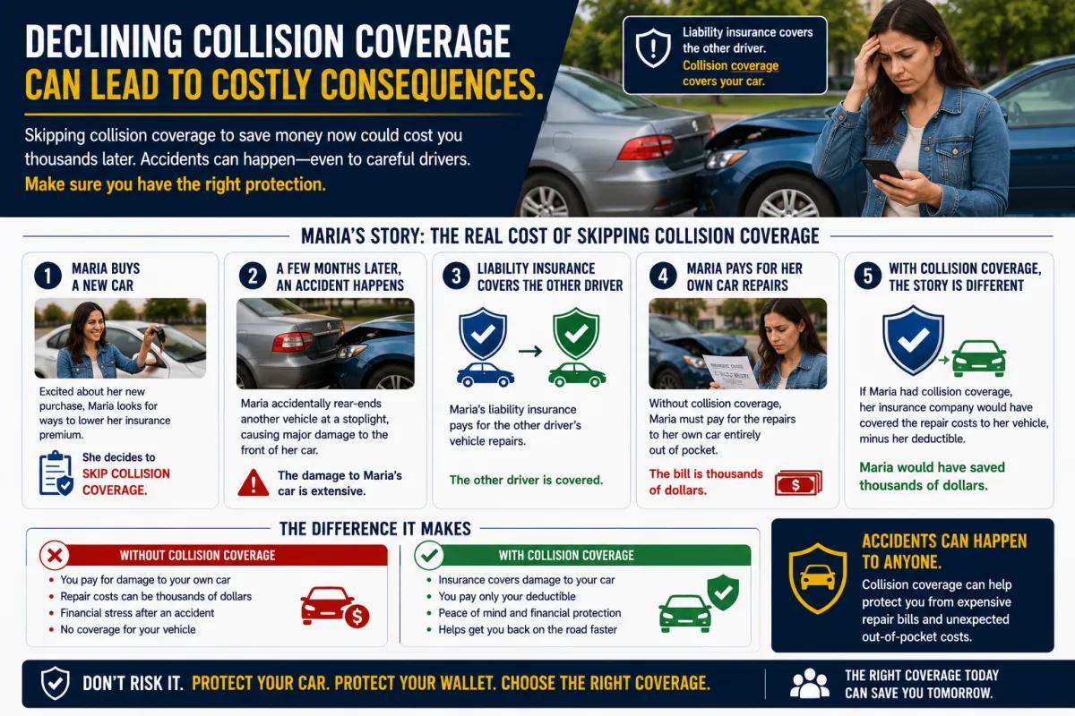 Collision coverage infographic explaining the financial risks of declining auto insurance protection and how it covers vehicle repairs.