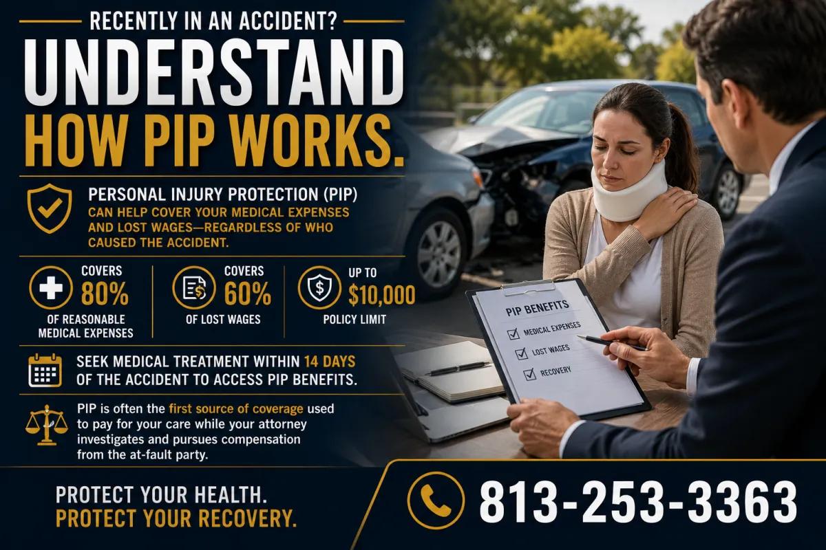 Florida PIP infographic explaining Personal Injury Protection coverage, medical benefits, lost wages, and the 14 day treatment deadline.
