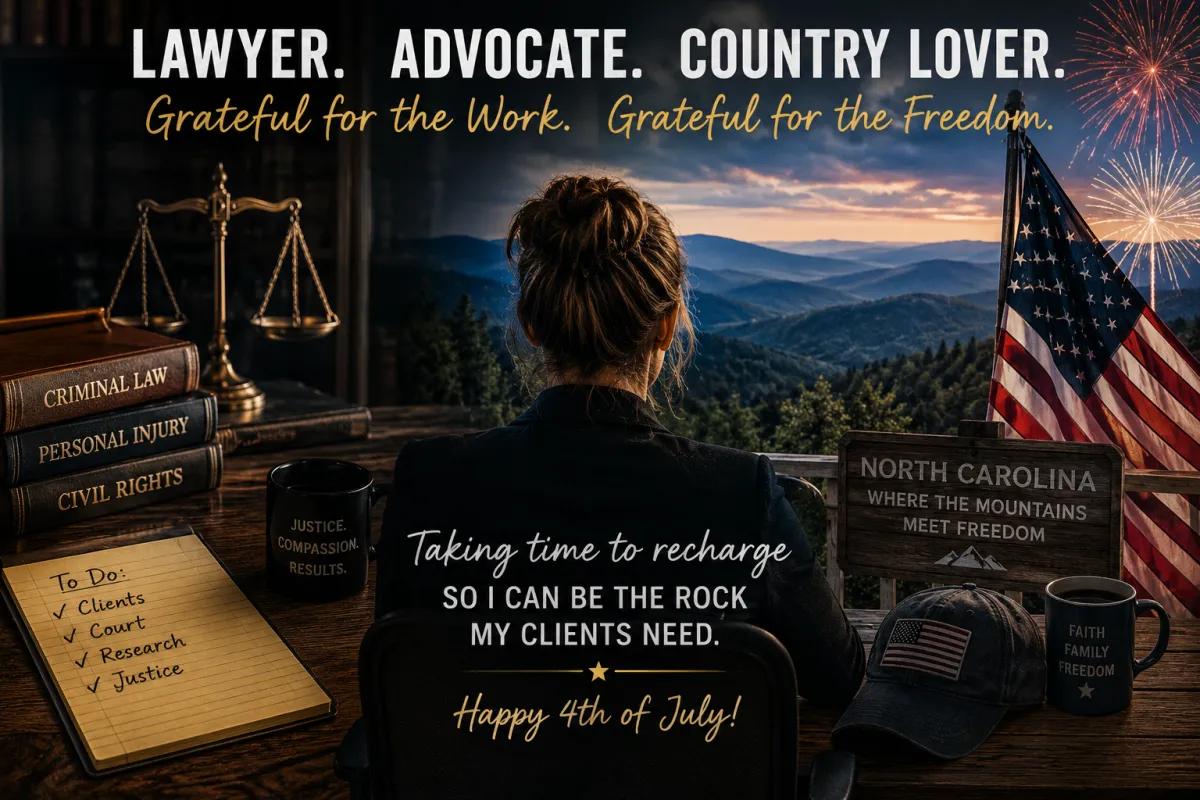 Attorney overlooking the North Carolina mountains with an American flag, fireworks, and legal symbols representing the balance between practicing criminal defense, personal injury, and civil rights law while taking time for rest, self-care, and celebrating Independence Day.